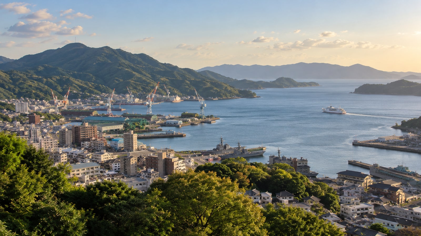 呉港と瀬戸内の島並みを望む明るい景色