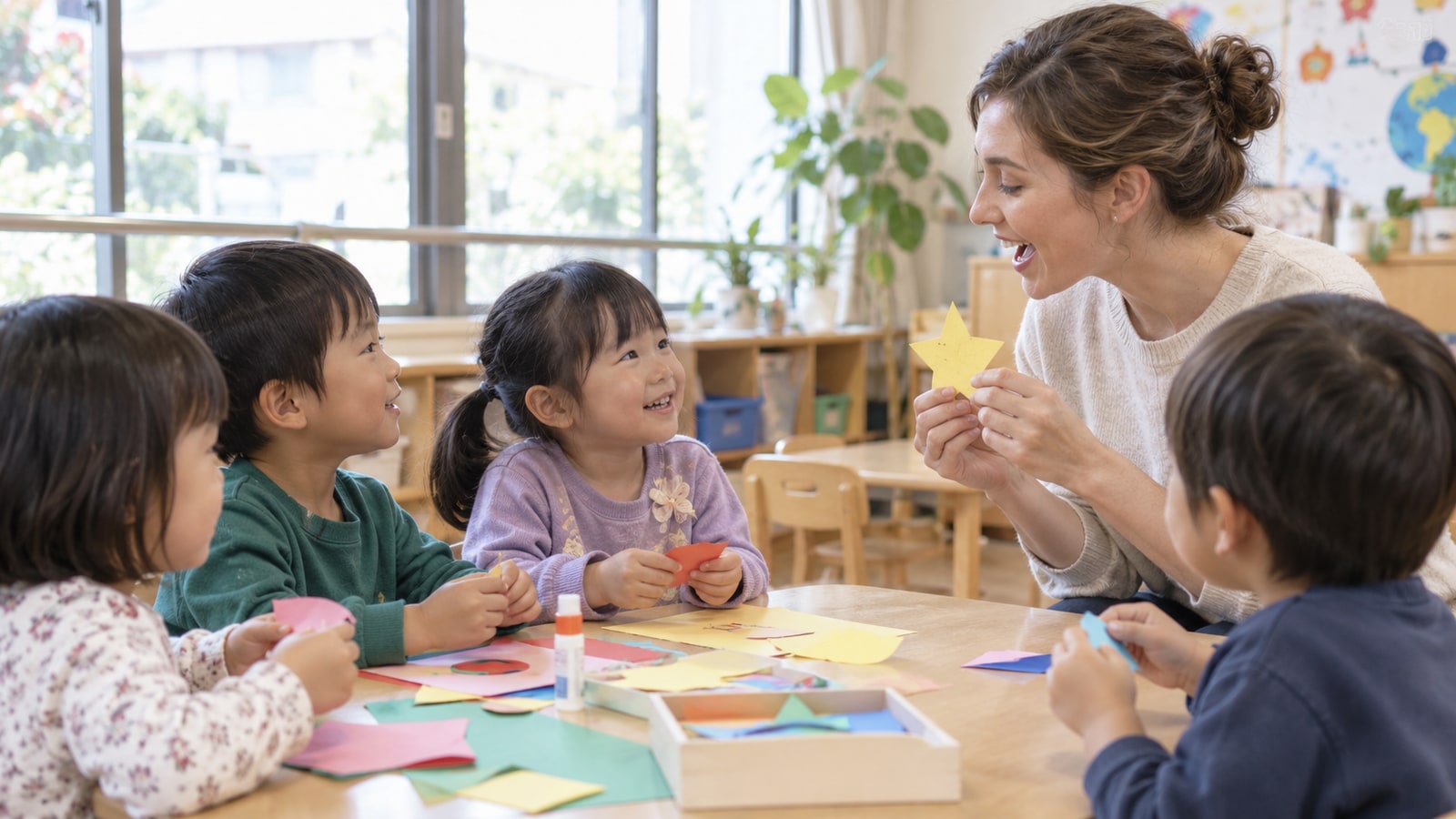 工作をしながら英語に触れる幼児のイメージ