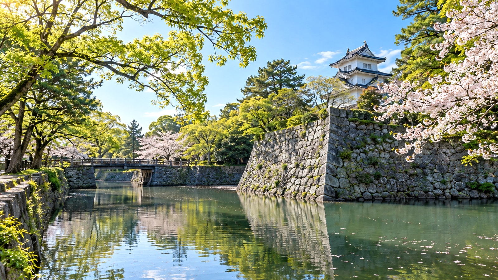九華公園の堀と木々を望む桑名市の景色