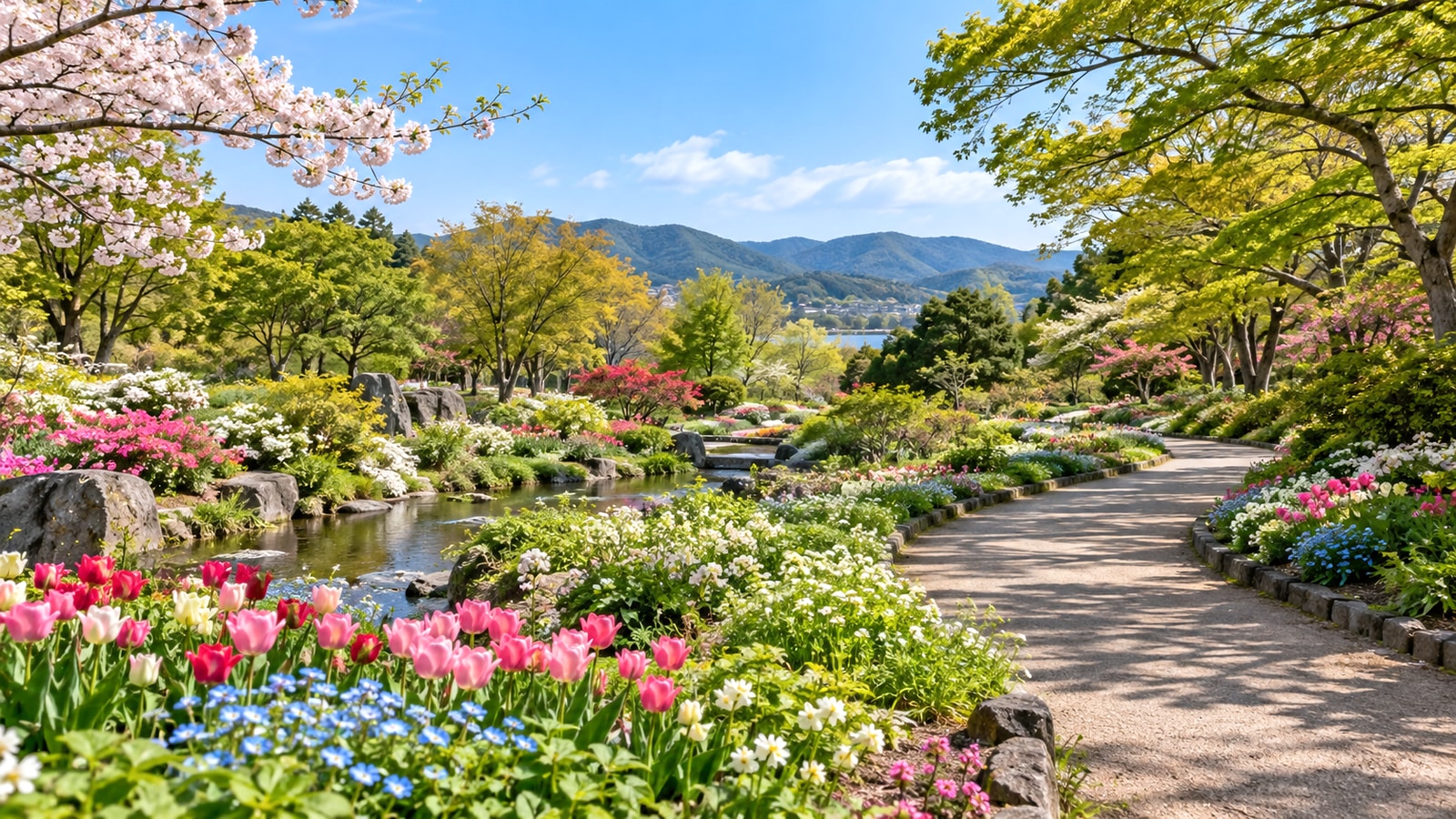 季節の花が咲く桑名の庭園をイメージした景色