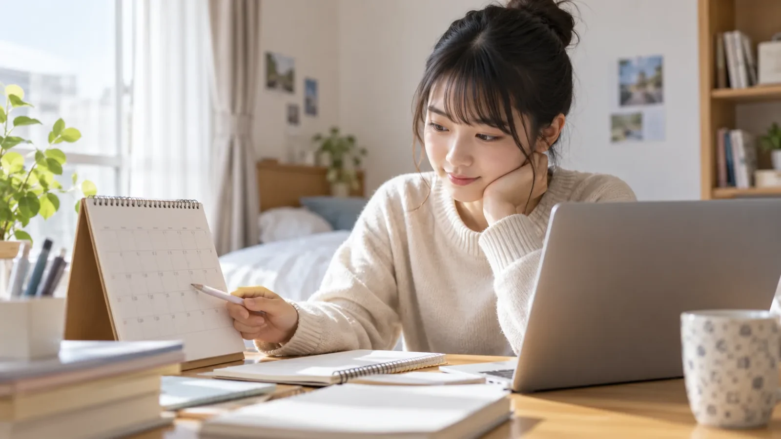 自宅で予定表とパソコンを見ながら学習計画を確認する高校生