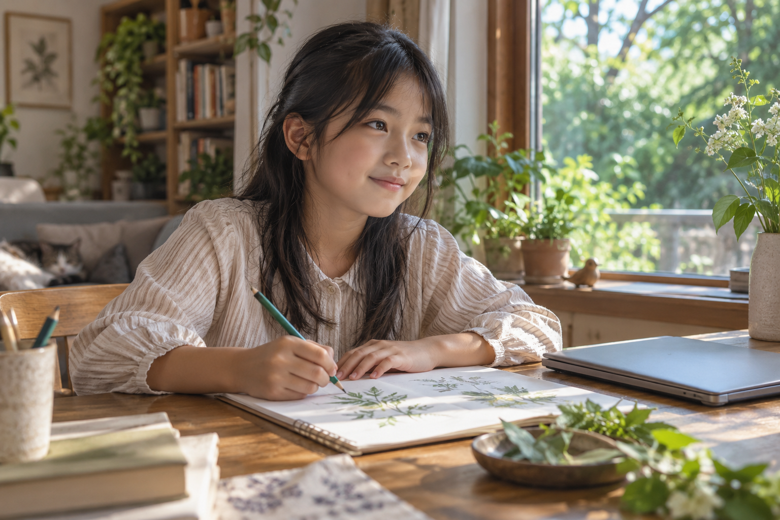 窓辺で植物の絵を描く子ども