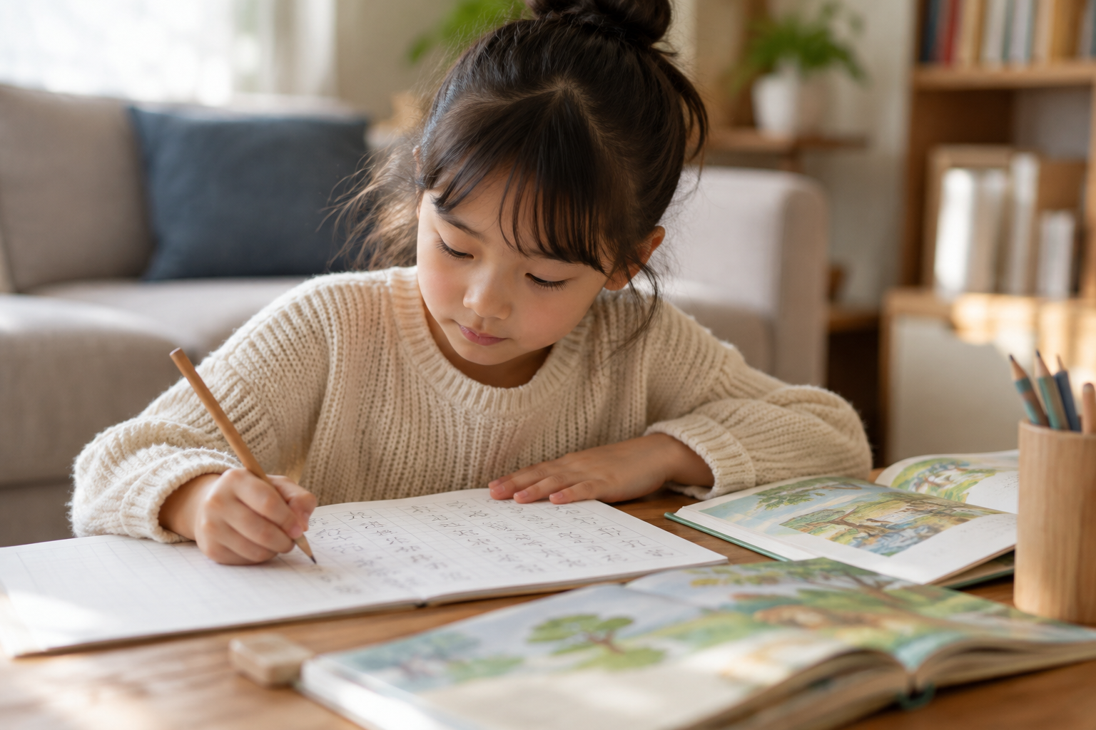 子どもが自宅で日本語の読み書きを続けるイメージ画像
