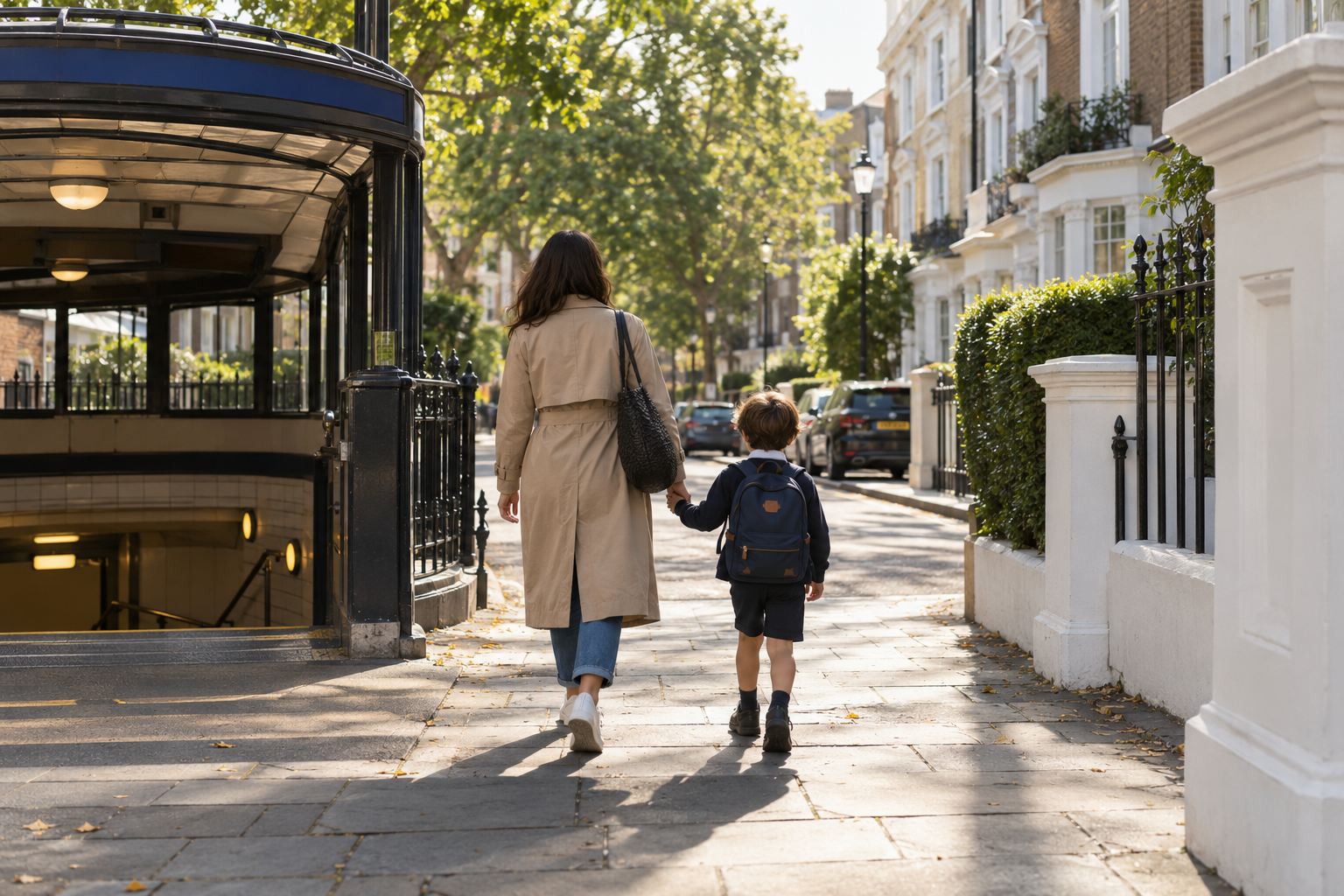 ロンドンの住宅街を親子で土曜朝に歩くイメージ画像