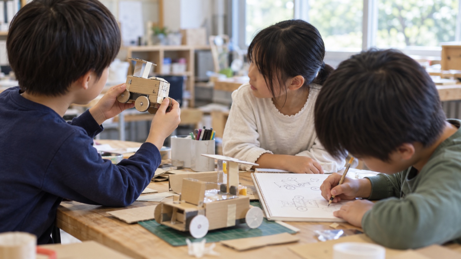 子どもたちが手作りの模型を見せ合い次の工夫を考える様子(AI生成イメージ)