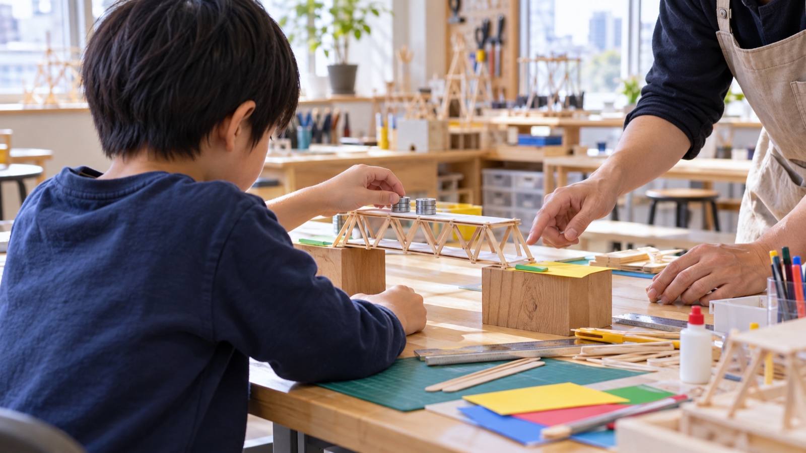 子どもが工作の試作品を組み立てて確かめる様子(AI生成イメージ)