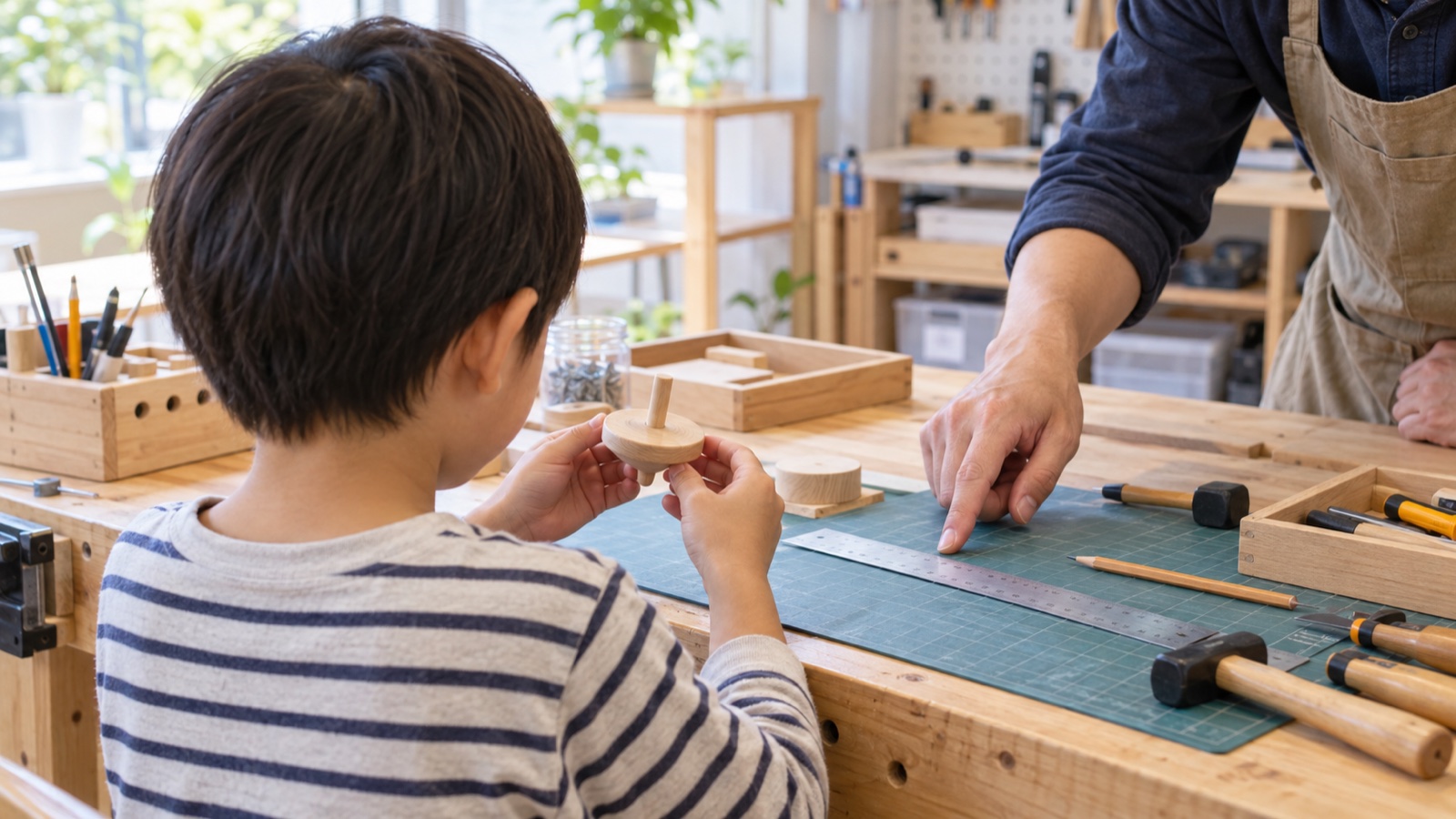 講師と子どもが試作品の寸法や道具の扱いを確かめる様子(AI生成イメージ)