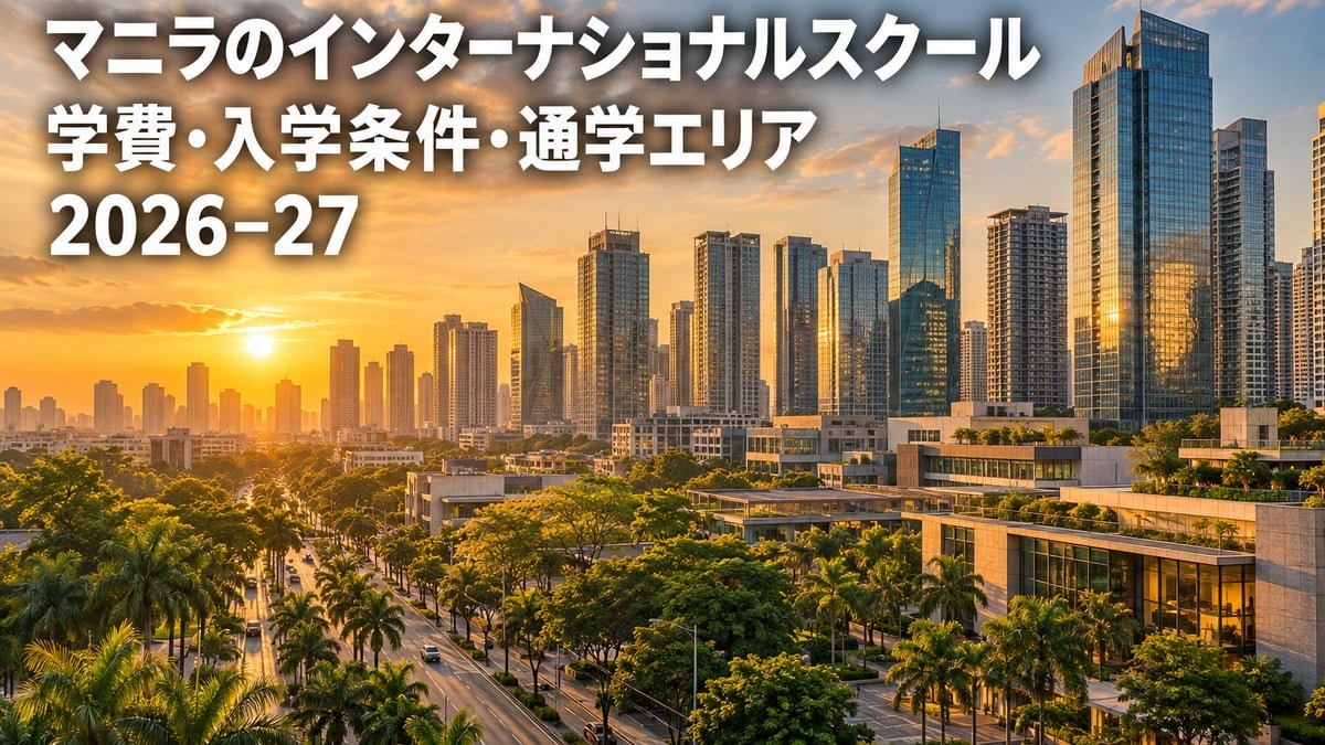 マニラのインターナショナルスクール。街並みを背景に学費・通学圏のテーマを表示した記事サムネイル