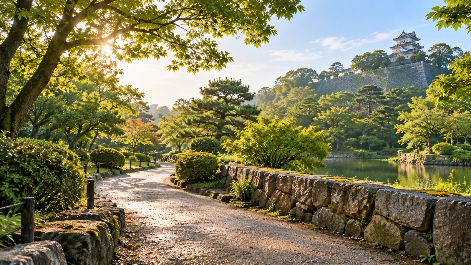 丸亀城を望む緑の公園と石垣の小径をイメージした明るい風景