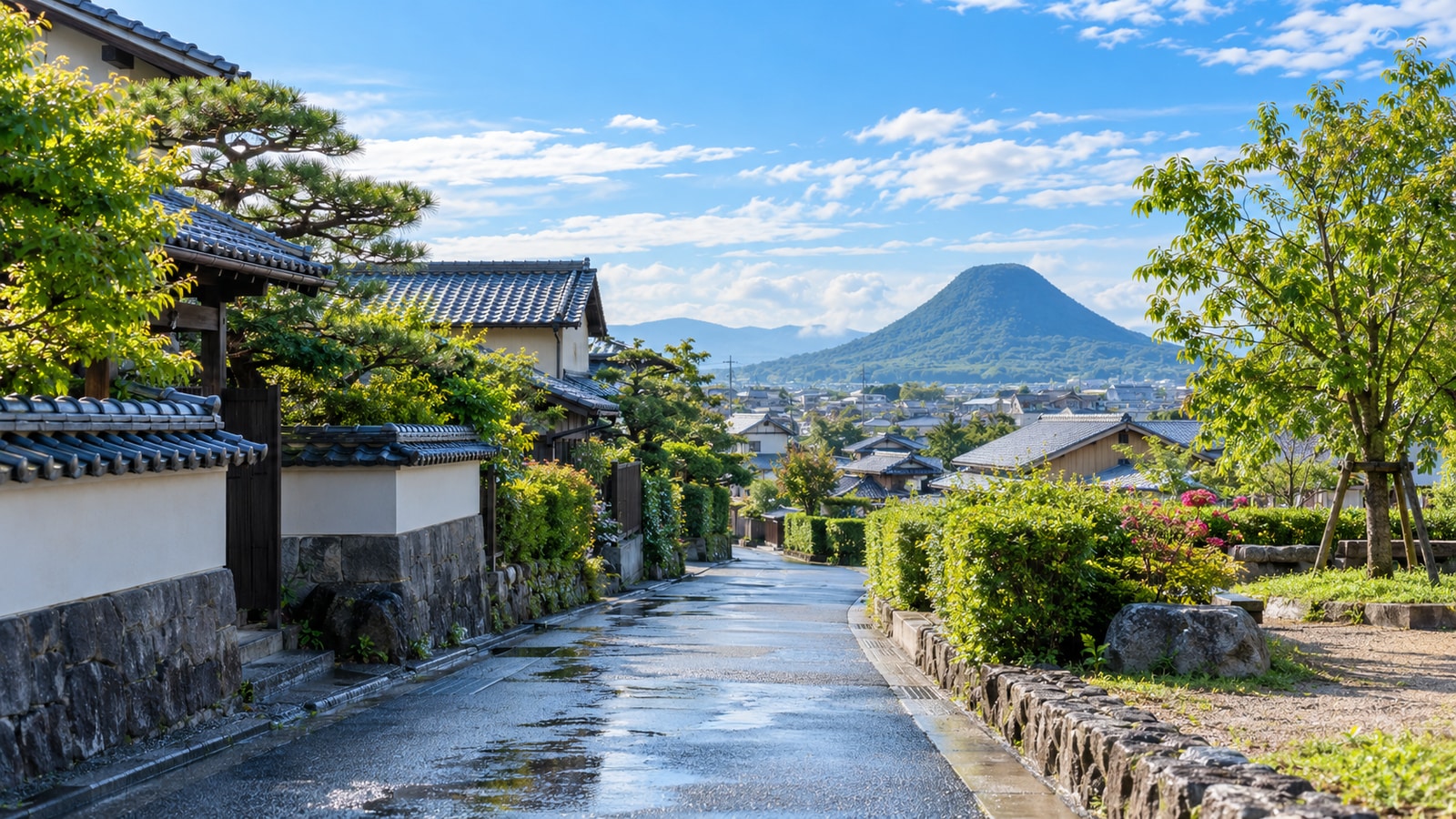丸亀近郊の町並みと飯野山を望む晴れた路地の風景
