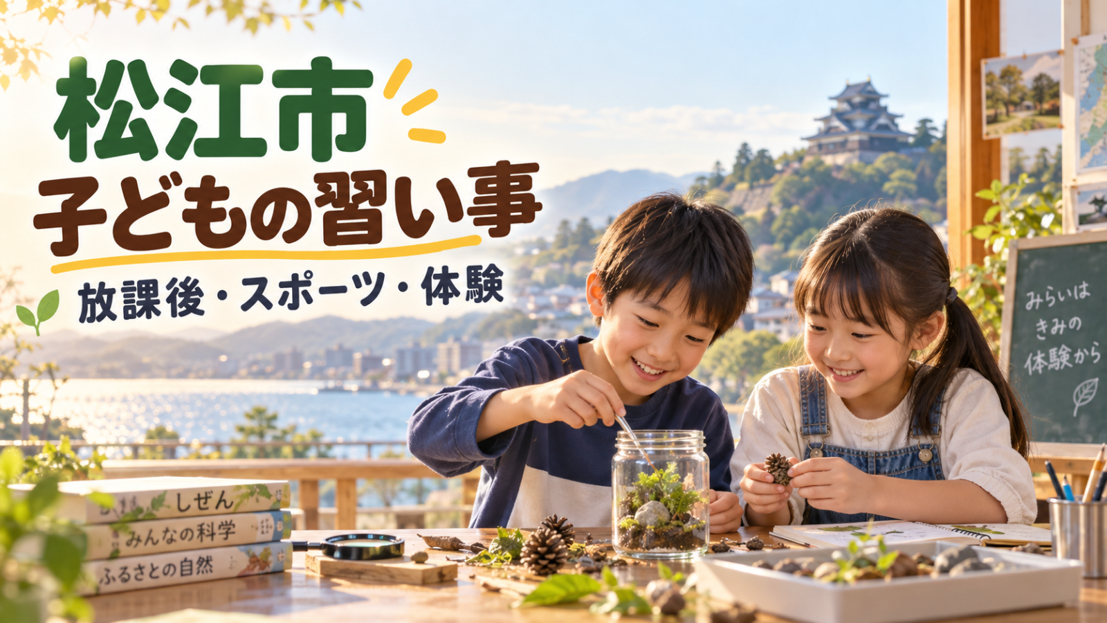 松江市の子どもの習い事ガイド。松江城を背景に笑顔の日本人の子どもたちが自然観察をする文字入り生成画像