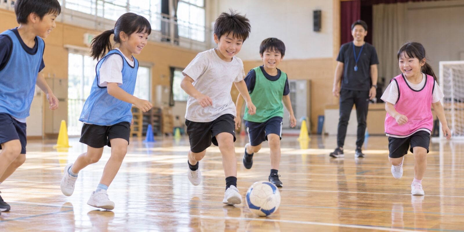 子どもたちが体を動かして遊ぶ場面の生成画像。松阪市内の実在スポーツクラブや施設を撮影した写真ではありません