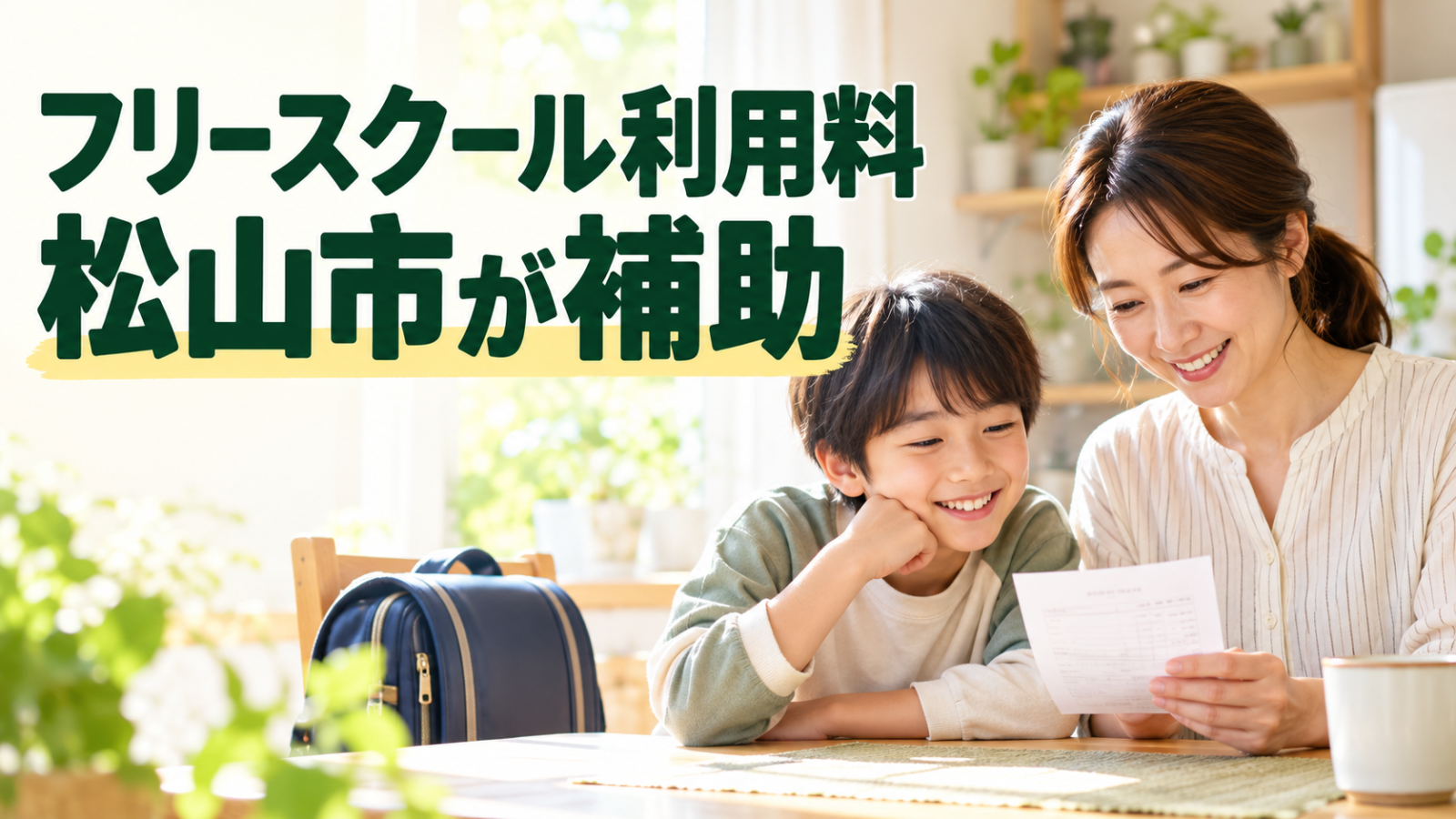 明るい食卓で、保護者と子どもが利用料の書類を確認するイラスト風写真。文字「フリースクール利用料 松山市が補助」