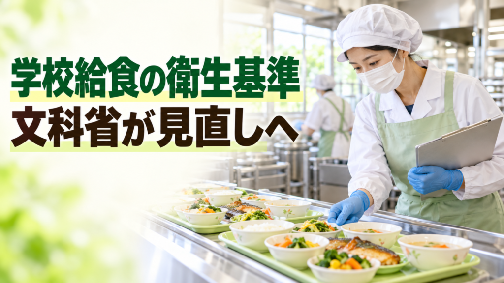 衛生的な学校給食の厨房で給食を確認する調理担当者。文字「学校給食の衛生基準 文科省が見直しへ」
