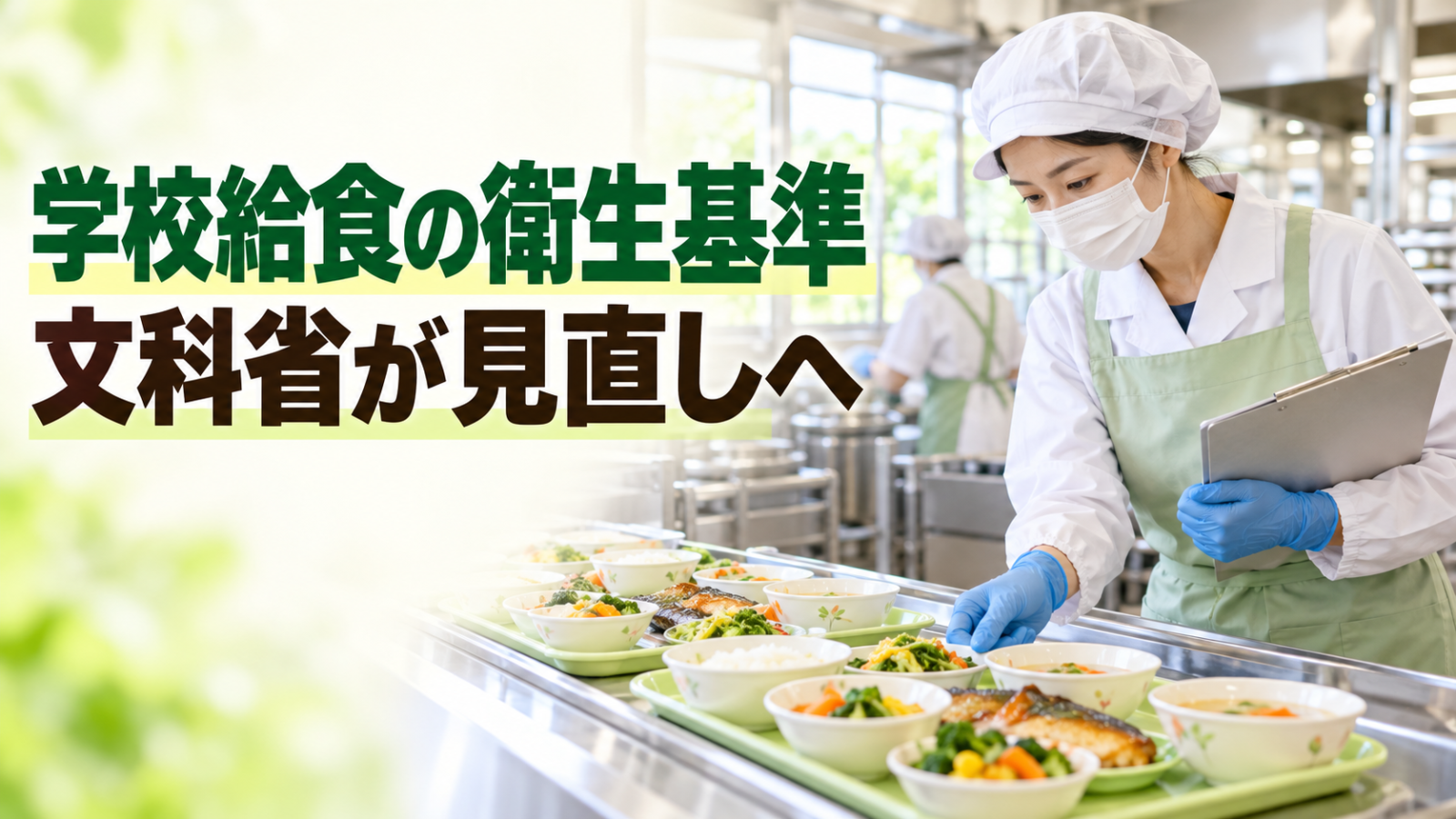 衛生的な学校給食の厨房で給食を確認する調理担当者。文字「学校給食の衛生基準 文科省が見直しへ」