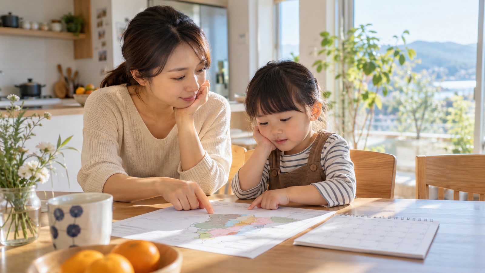 親子が三重県内の学校案内と通園ルートを確認する様子のイメージ