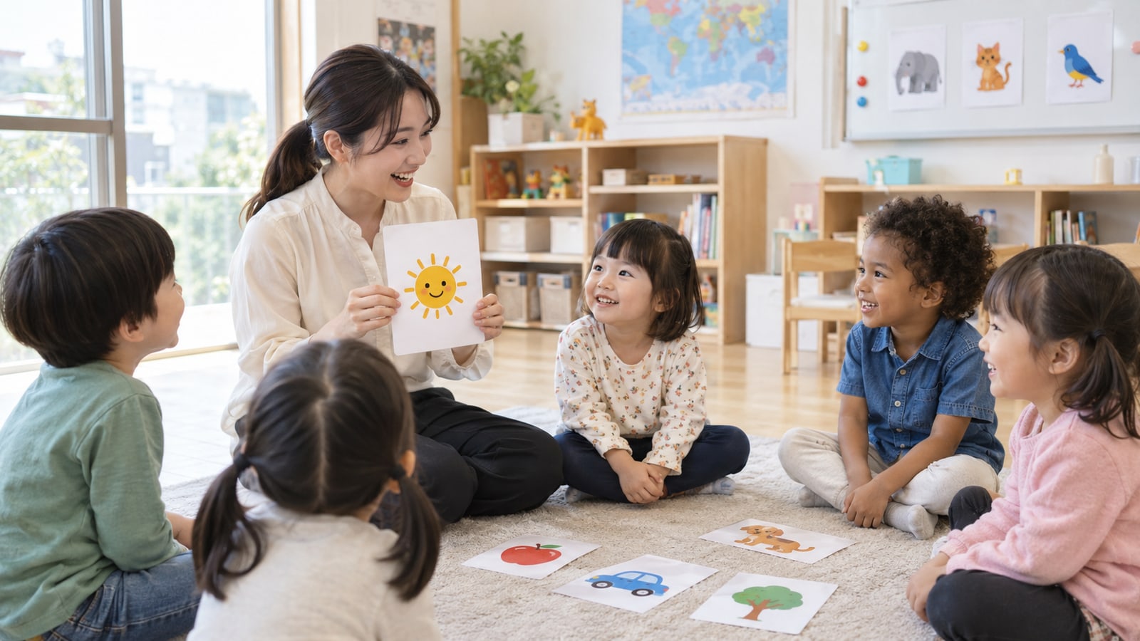 幼児クラスで英語の絵カードを使って学ぶ子どもたちのイメージ