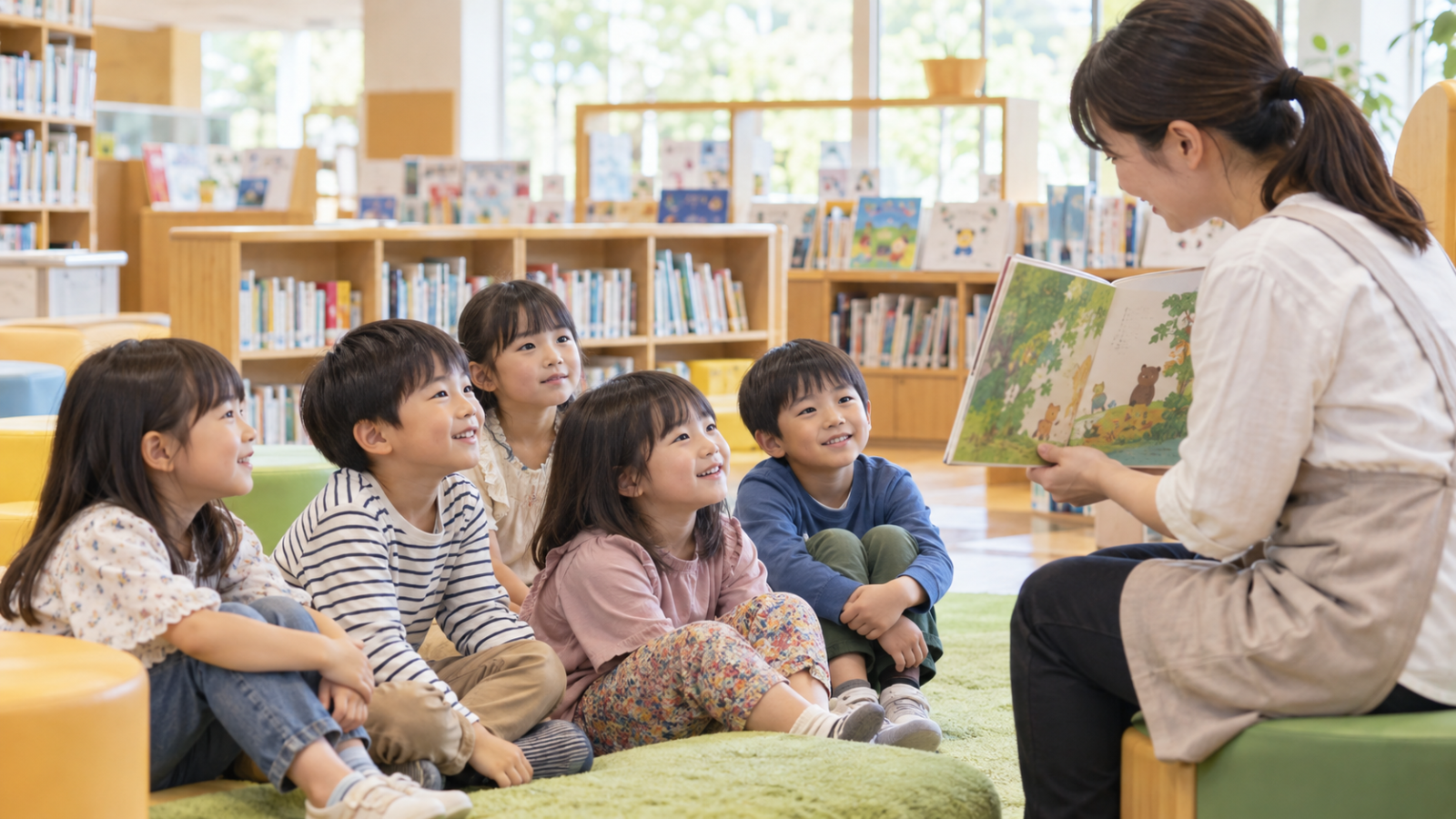 三原市立図書館の実際の様子ではなく、読み聞かせ活動を説明するために生成したイメージ