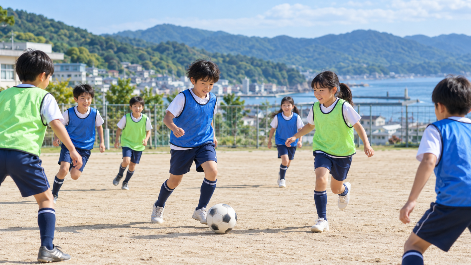 三原市内の実在クラブを撮影したものではなく、子どものスポーツ活動を説明するために生成したイメージ