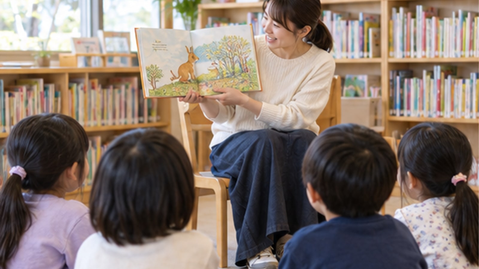 図書館で読み聞かせを楽しむ親子のAI生成イメージ。南魚沼市立図書館の実在施設・行事・参加者の写真ではありません。