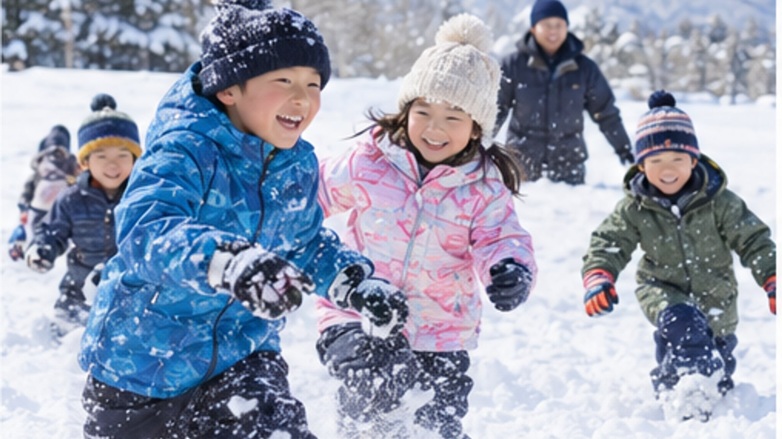 子どもたちが雪の中で遊ぶAI生成イメージ。南魚沼市の実在行事・施設・参加者の写真ではありません。