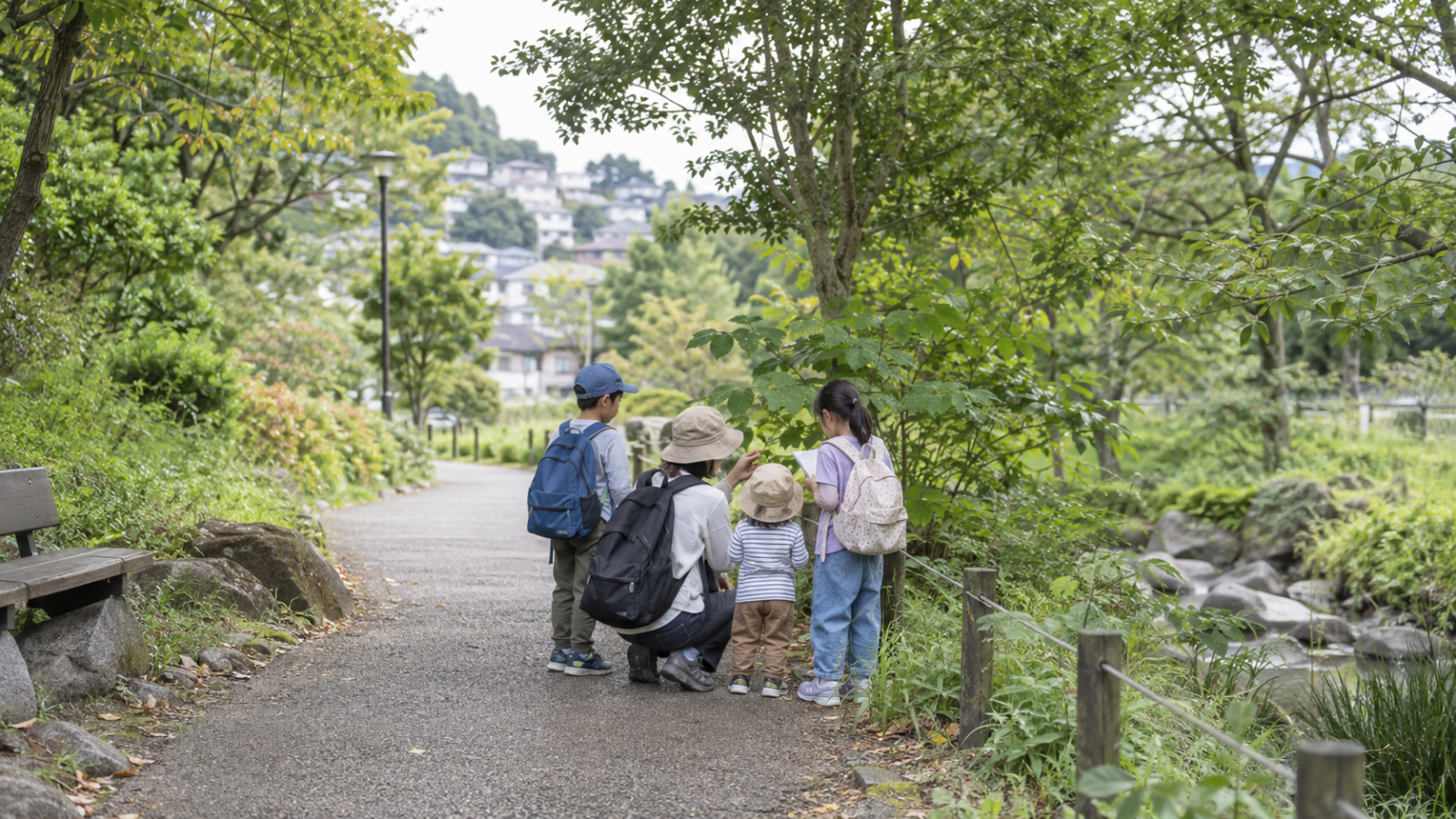 緑のある場所で子どもたちが一緒に活動するイメージ写真