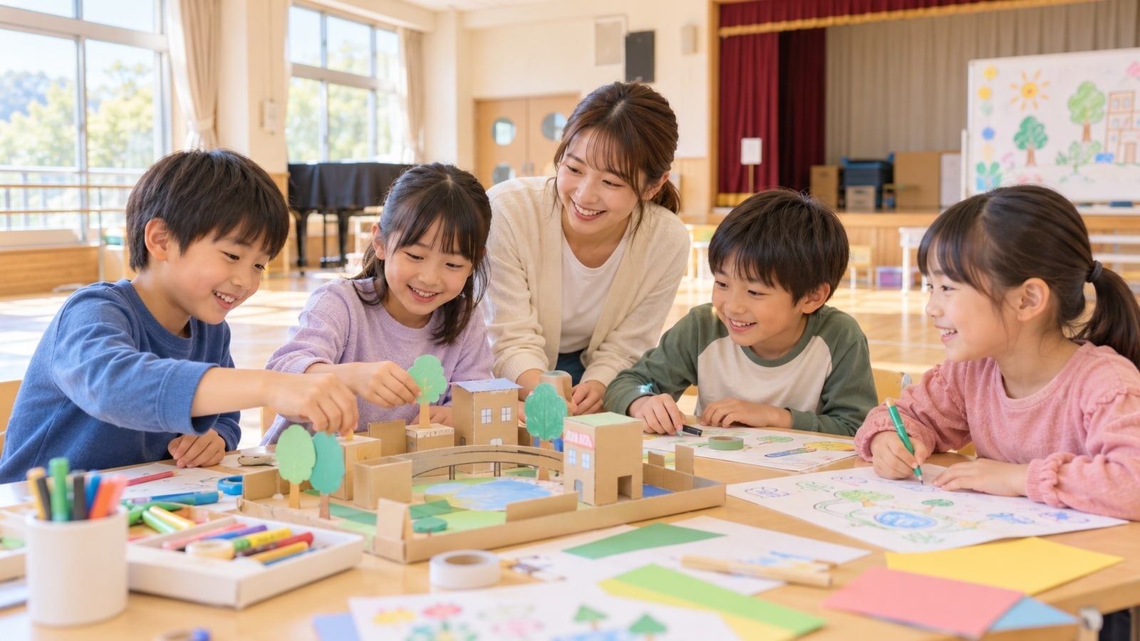 親子が体験活動について話すAI生成イメージ。見附市の実在講座・参加者ではありません。