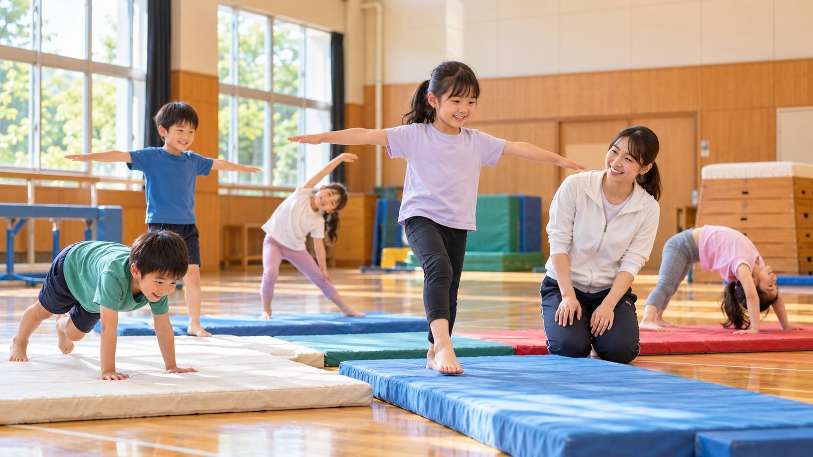 子どもがスポーツを楽しむAI生成イメージ。見附市の実在チーム・施設・参加者の写真ではありません。
