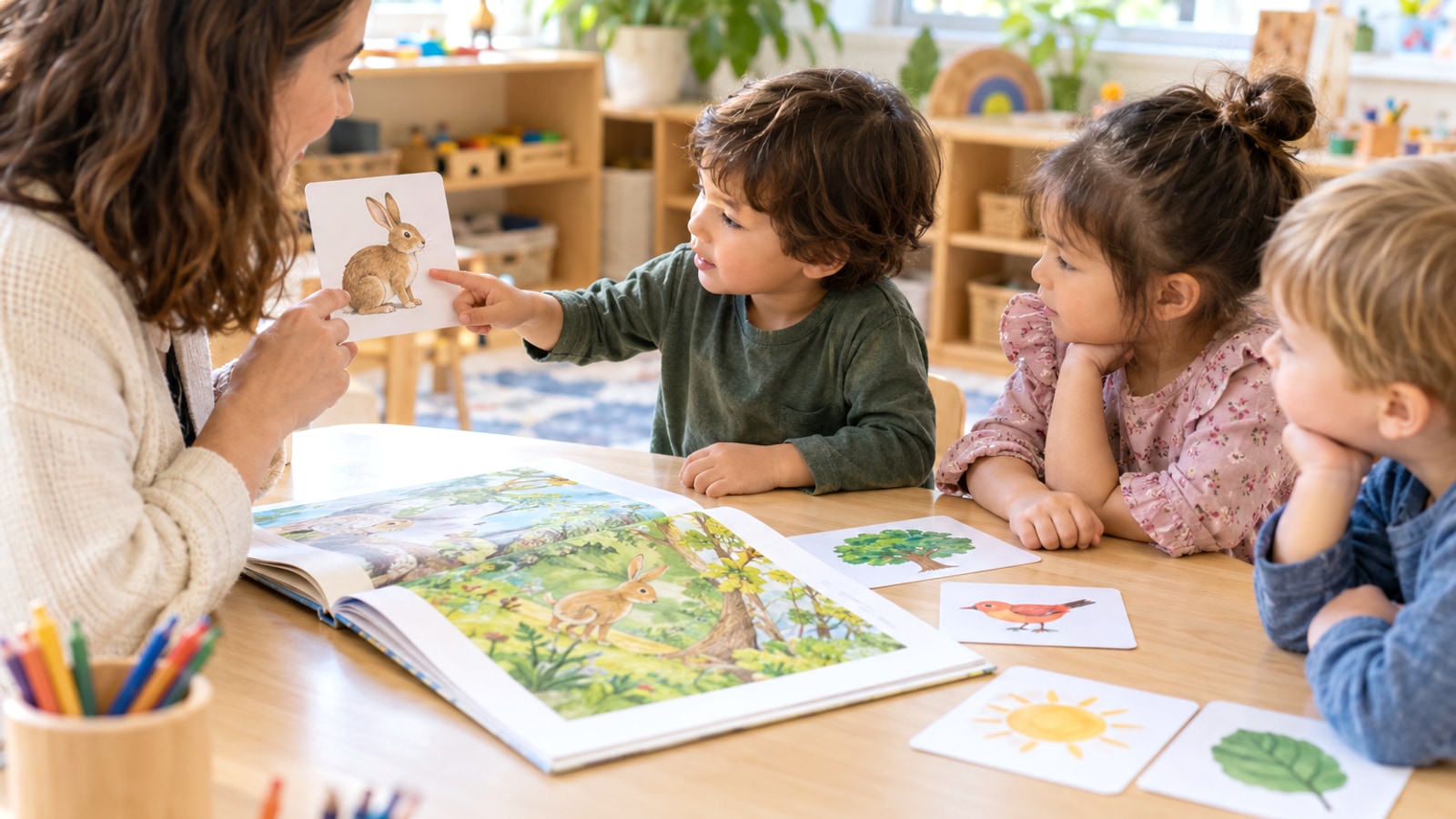 先生と子どもが絵カードを見ながら話す幼児クラスのイメージ