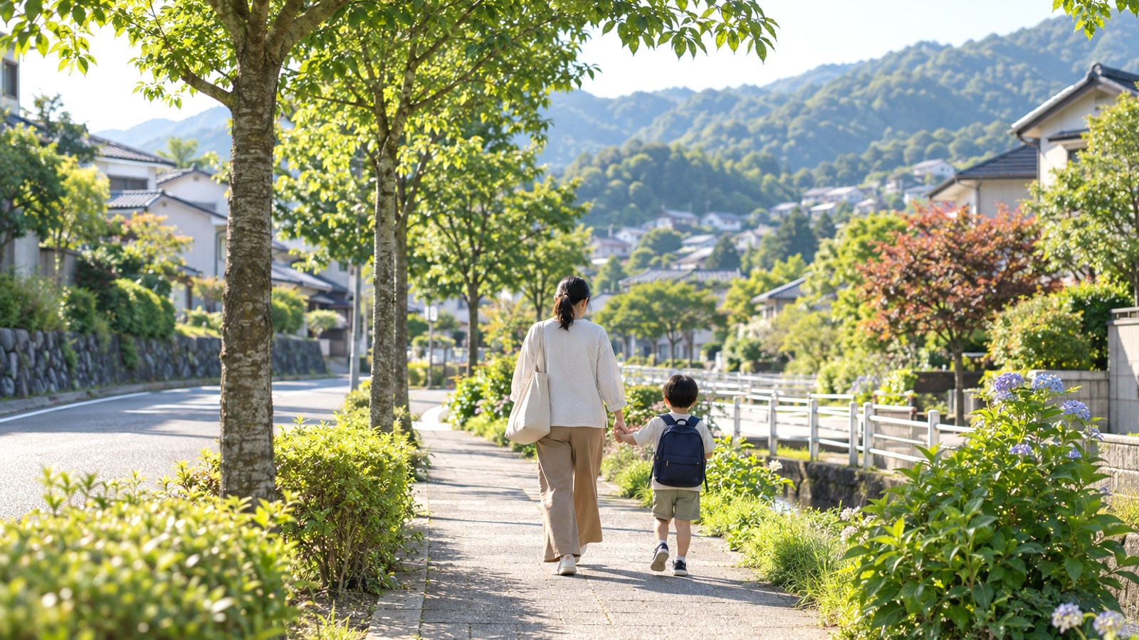 家族が緑豊かな住宅地を通って園へ向かう通園のイメージ