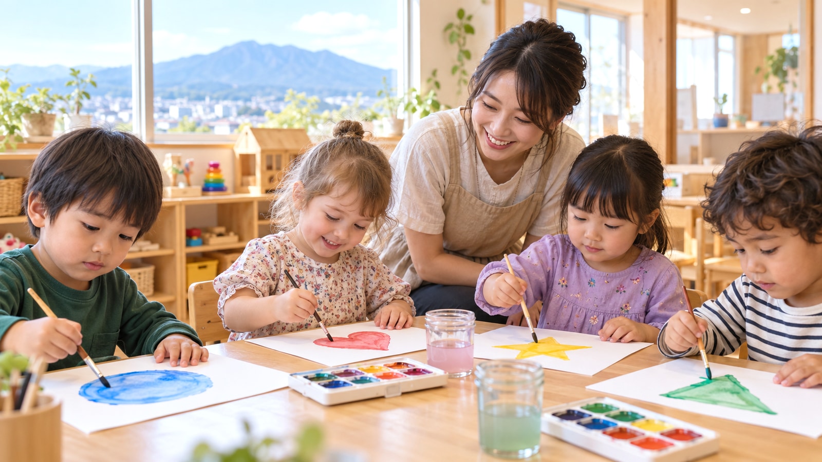 先生と子どもたちが絵を描く明るい保育室のイメージ
