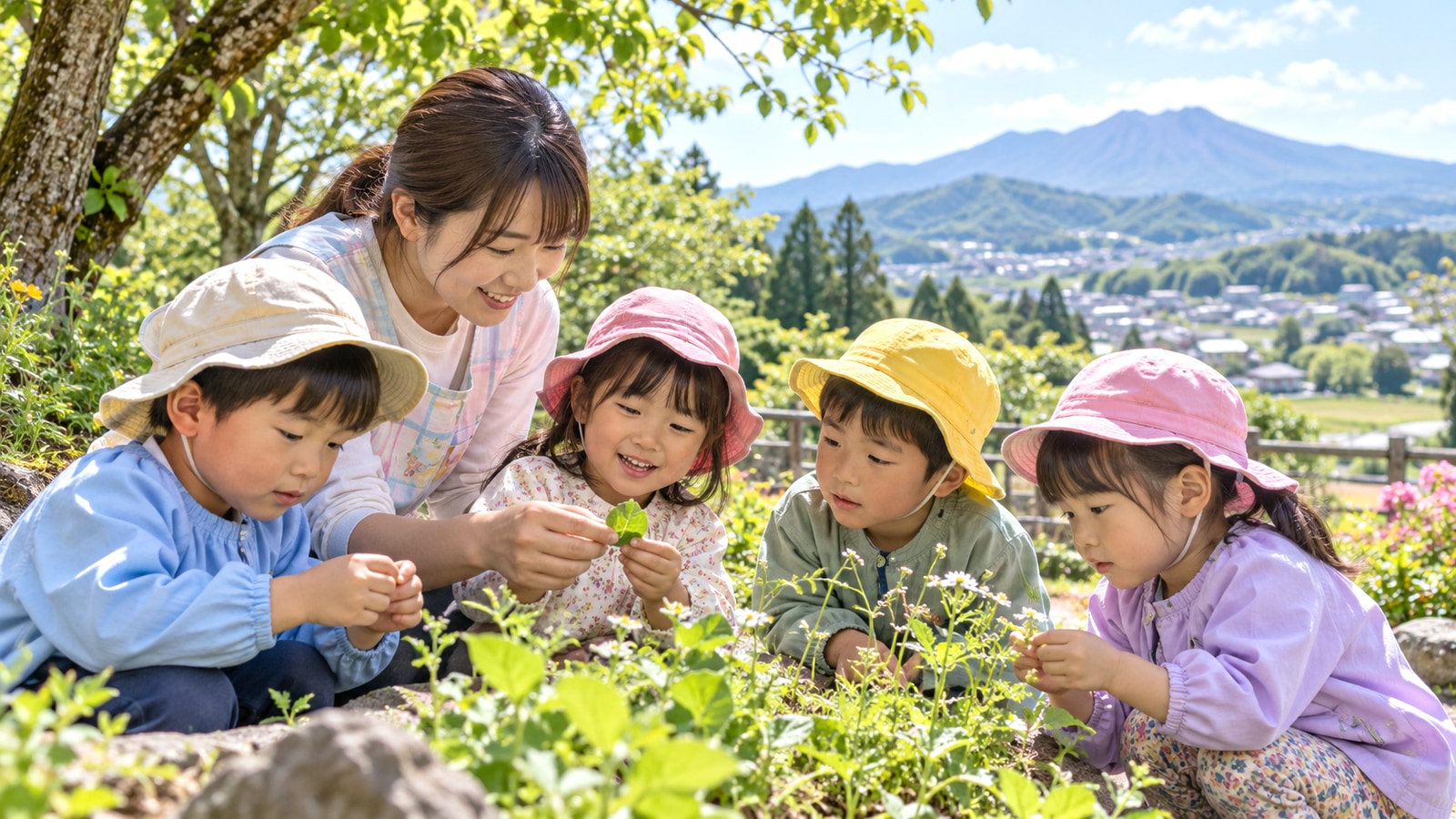 園庭で植物を観察する幼児の自然体験イメージ