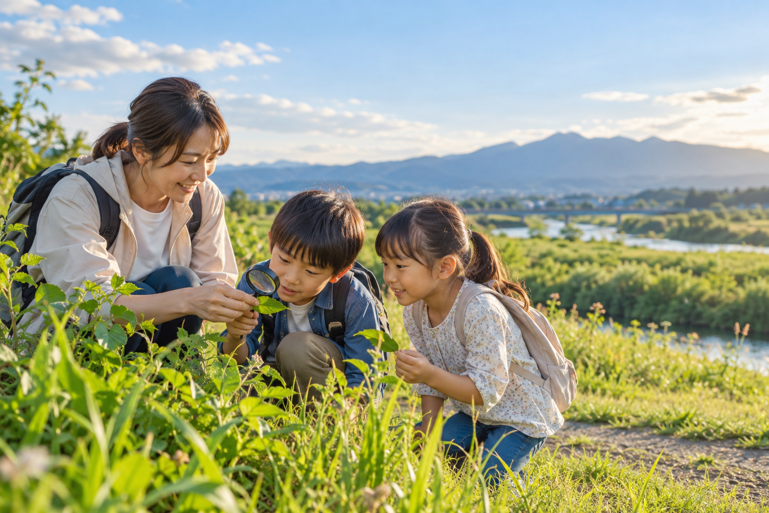 親子の自然観察をイメージした生成画像。都城市の実在イベントや参加者の写真ではありません