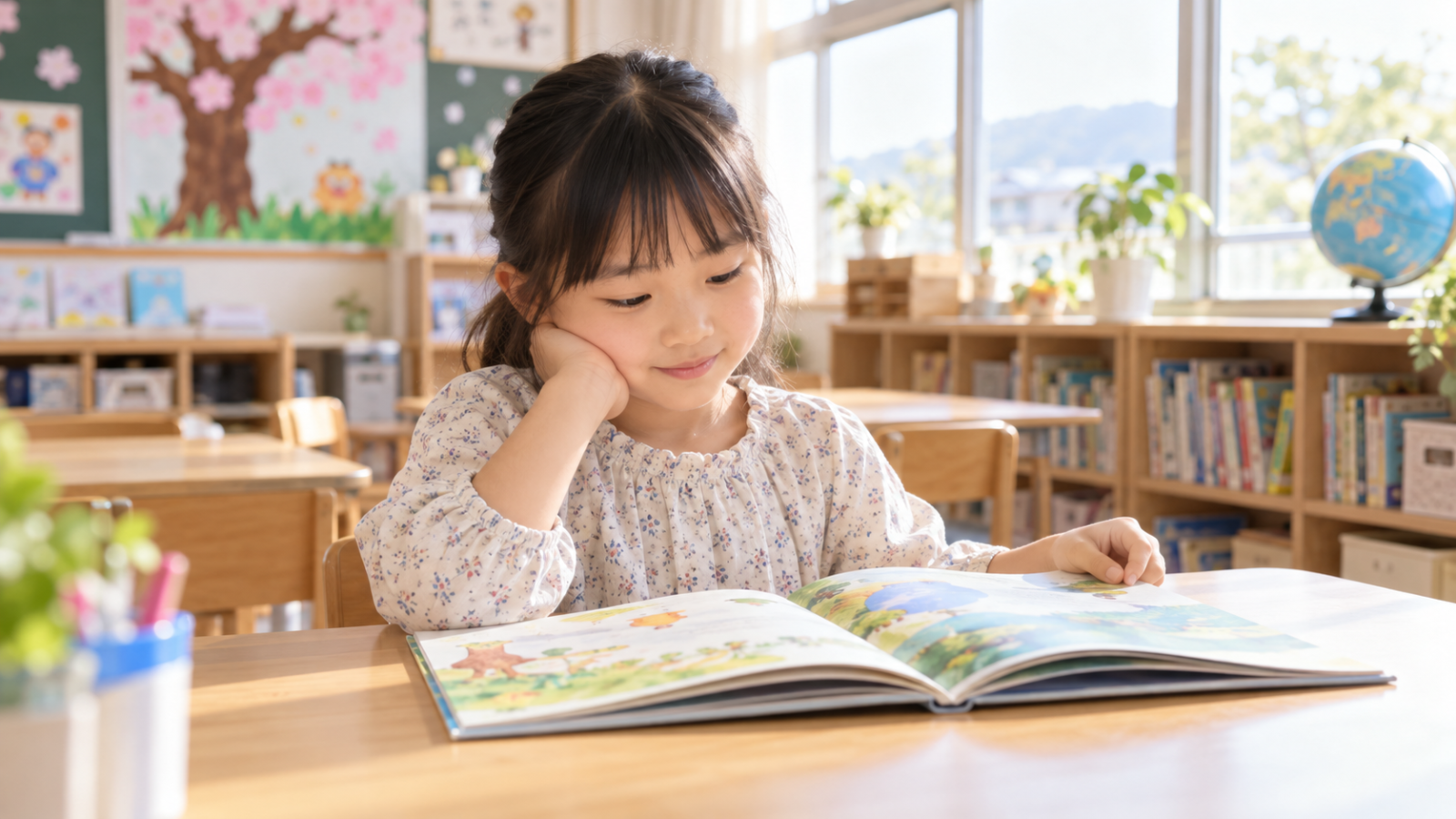 明るい教室で絵本を読む子どものイメージ