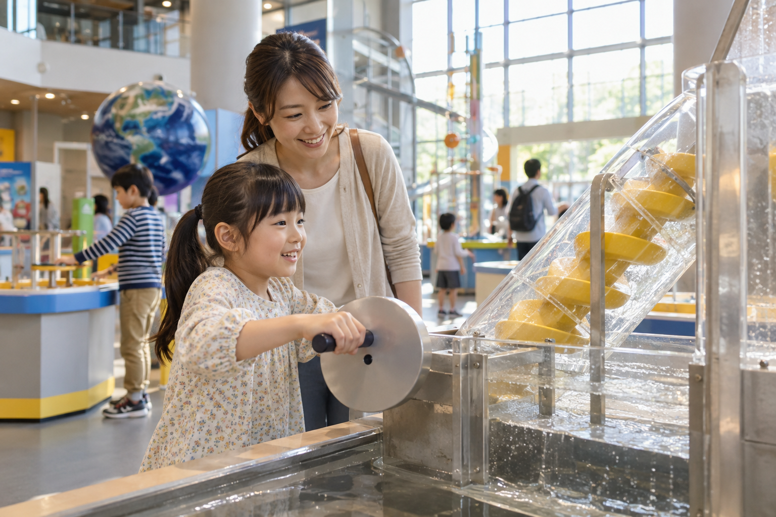 科学館の展示を親子で体験するイメージ