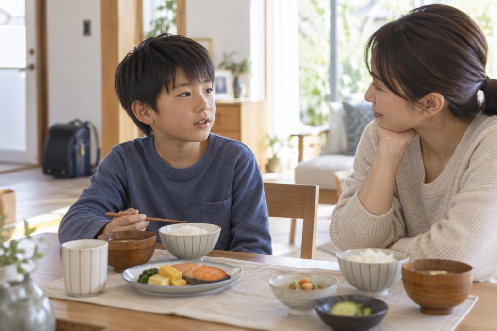 朝の食卓で子どもの話を聞く保護者（AI生成のイメージ写真）