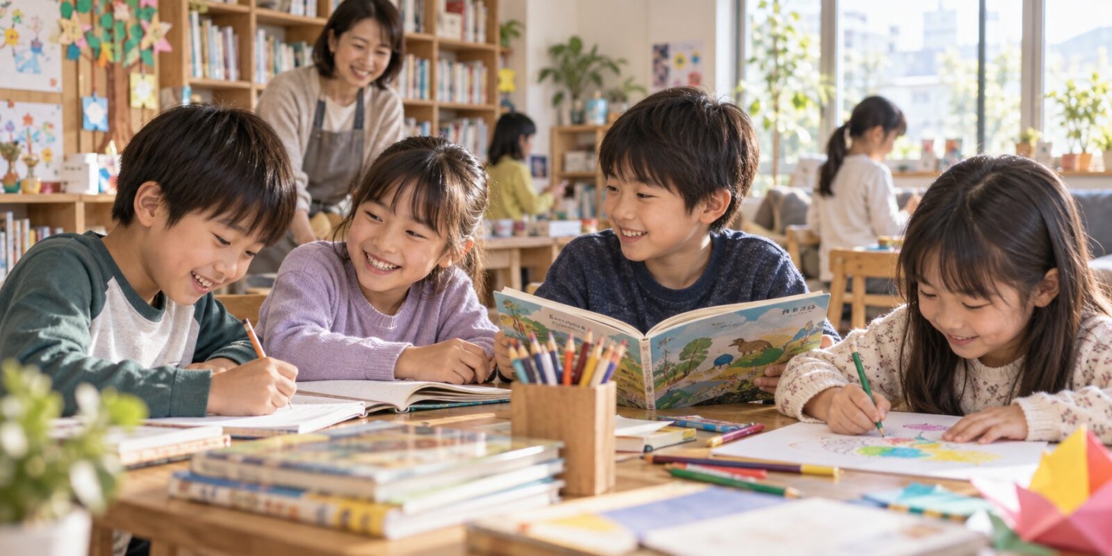 子どもたちが地域の室内活動に参加するイメージ生成画像。村上市の実在公民館や参加児童を撮影した写真ではありません。