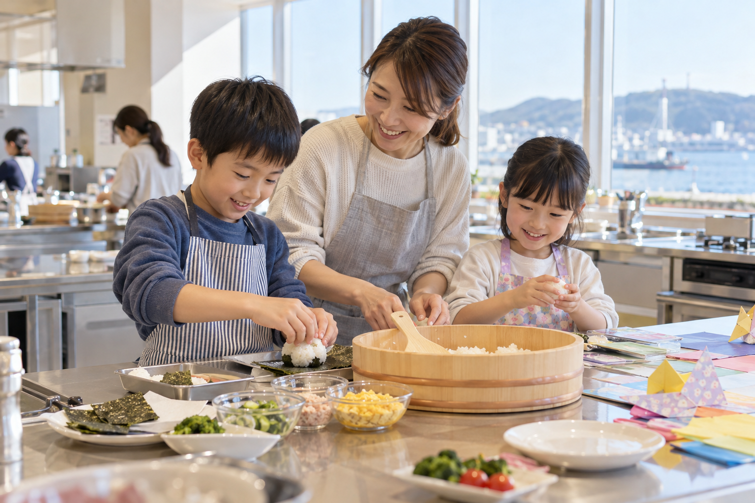 親子で料理を楽しむ子どもたちの生成イメージ。きらんの教室や実際の参加者を撮影した写真ではありません。