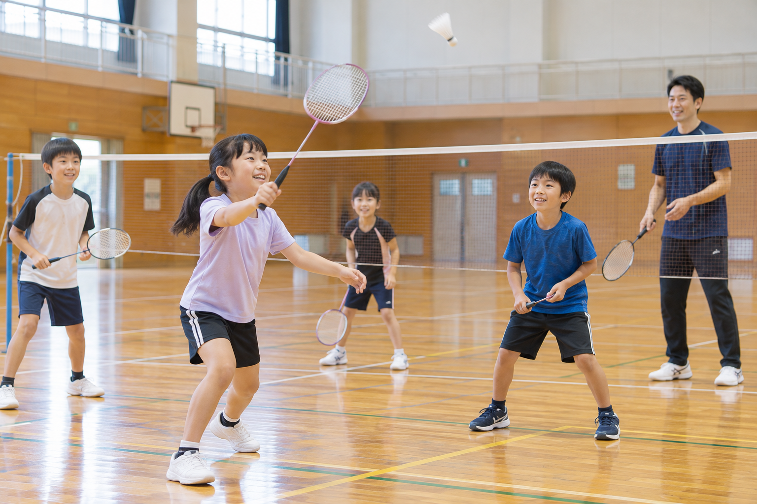 バドミントンを楽しむ子どもと指導者の生成イメージ。室蘭市の実在教室や参加者の写真ではありません。