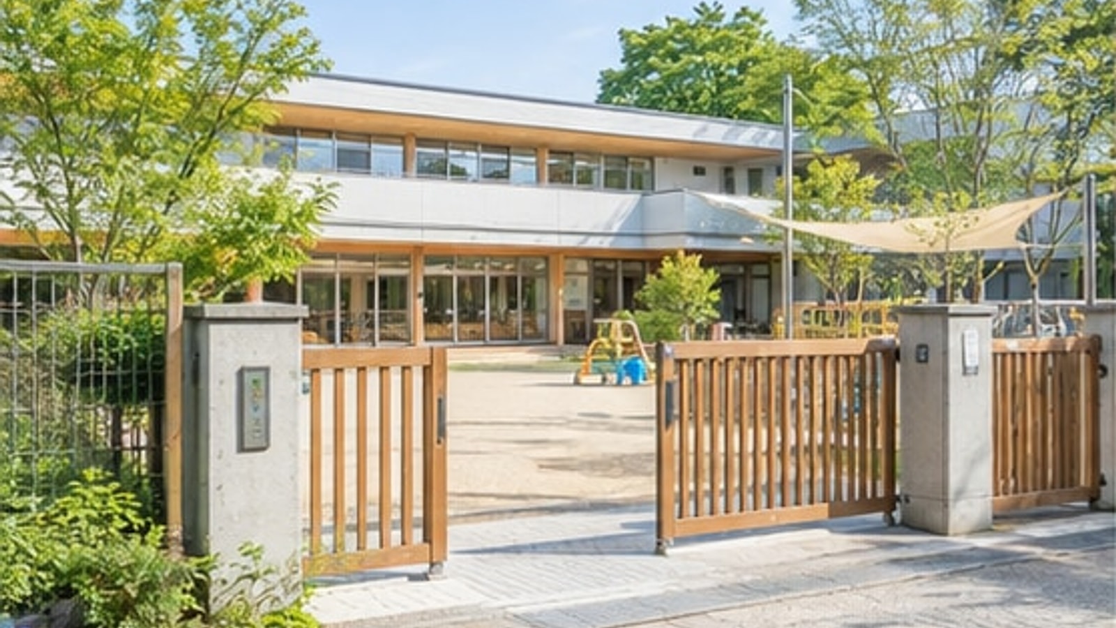 幼稚園の門と木々をイメージした明るい風景