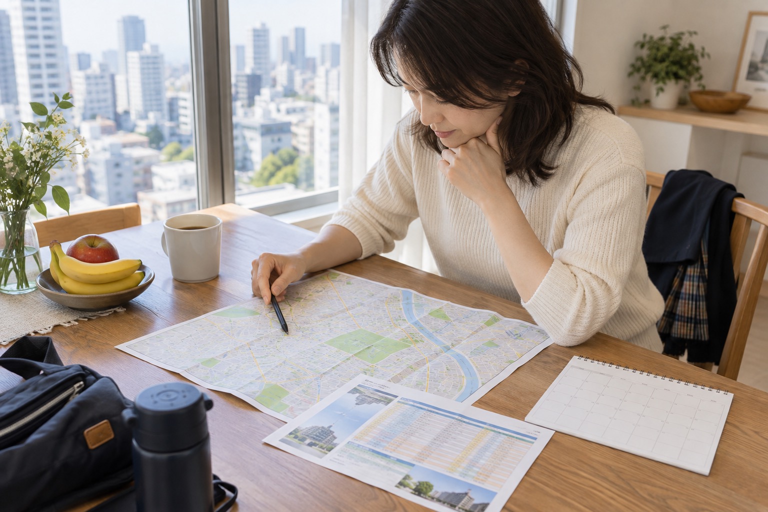 保護者が子どもの通学先と移動経路を地図で検討するイメージ
