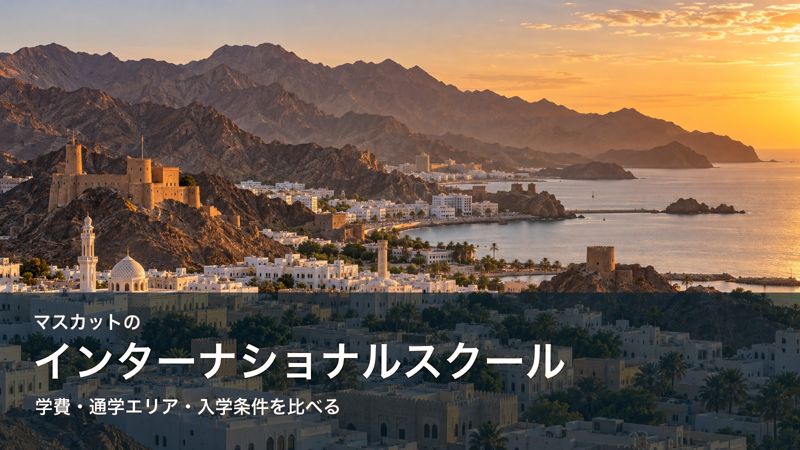 マスカットの海岸と山並みを背景にしたインターナショナルスクール選びの記事画像（イメージ）