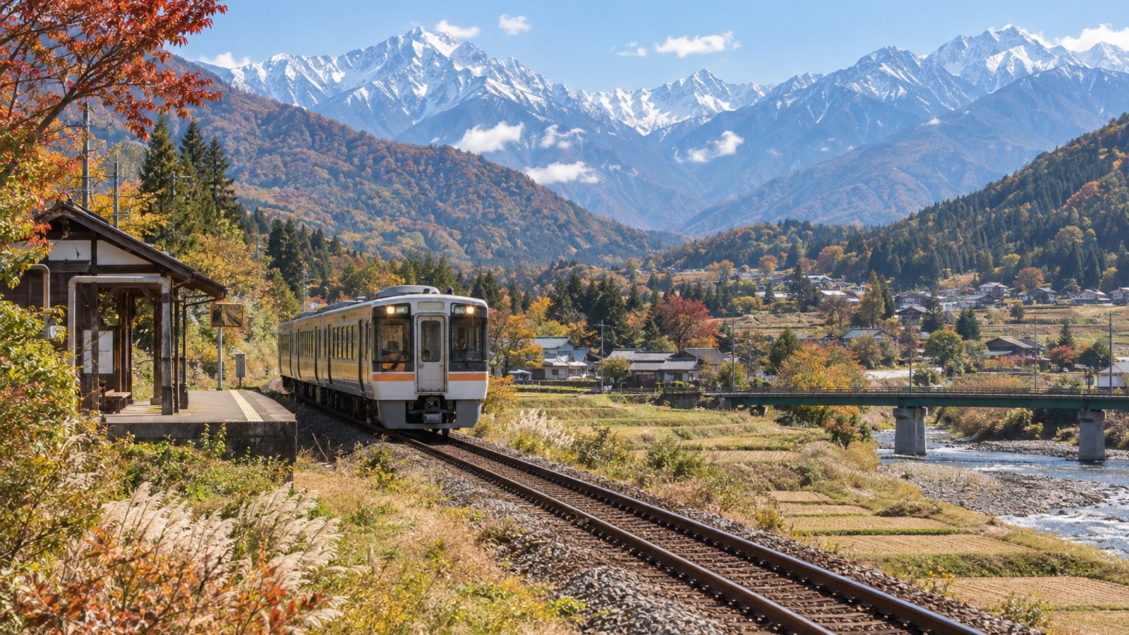 長野県の山間部を走る地域鉄道と山並み