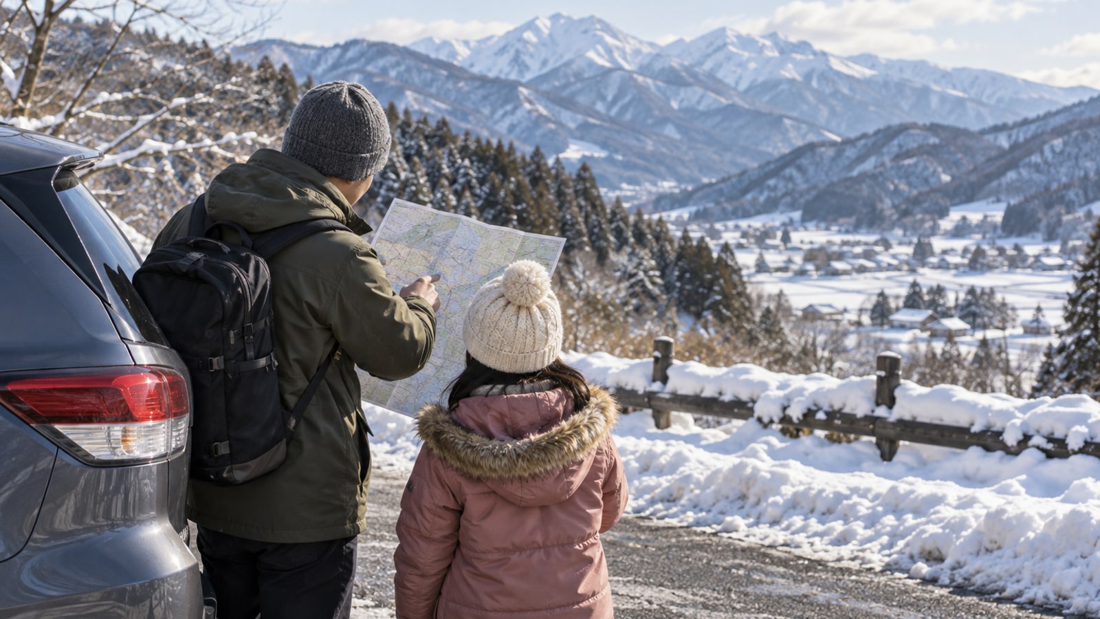 雪の季節の通学ルートを地図で確認する家族