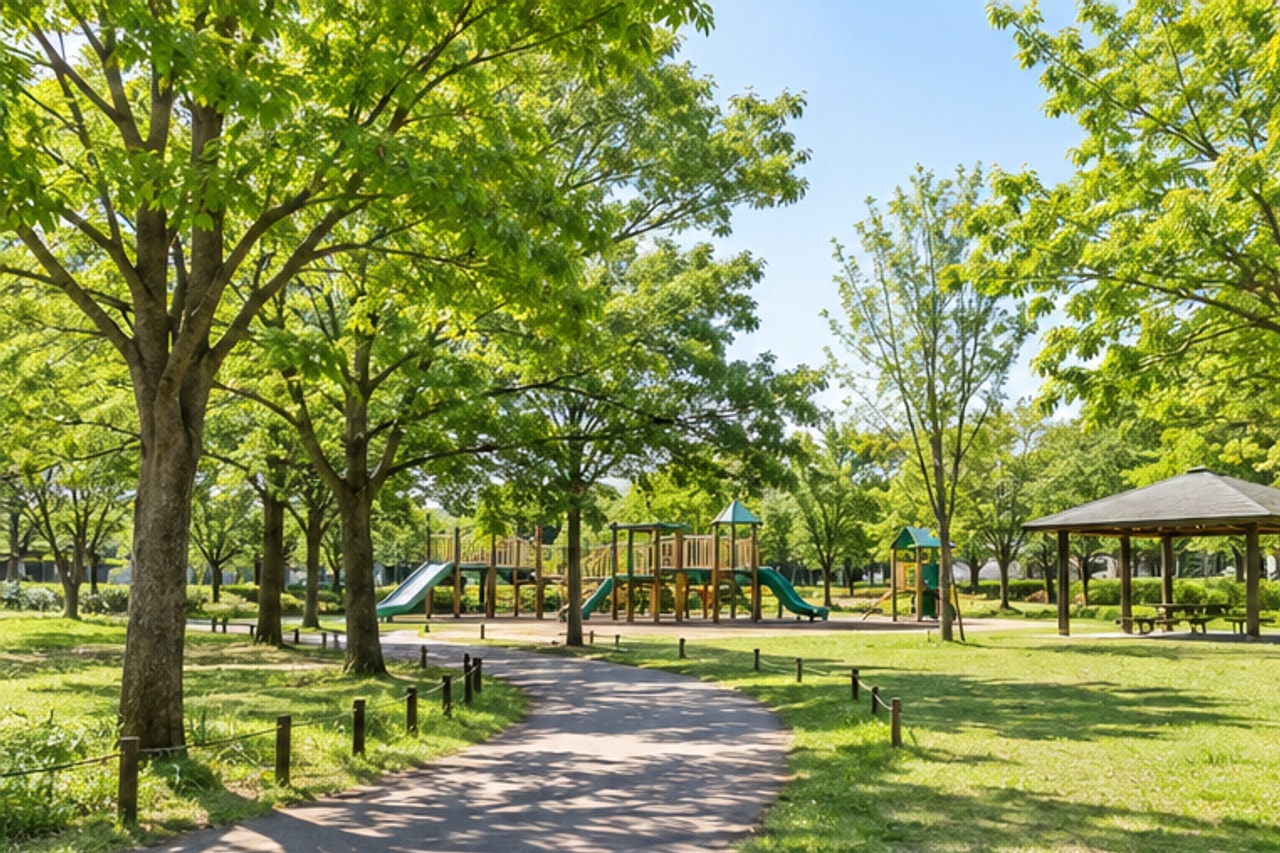 流山市の緑豊かな公園と歩道のイメージ。特定の学校や実際の通学路ではありません