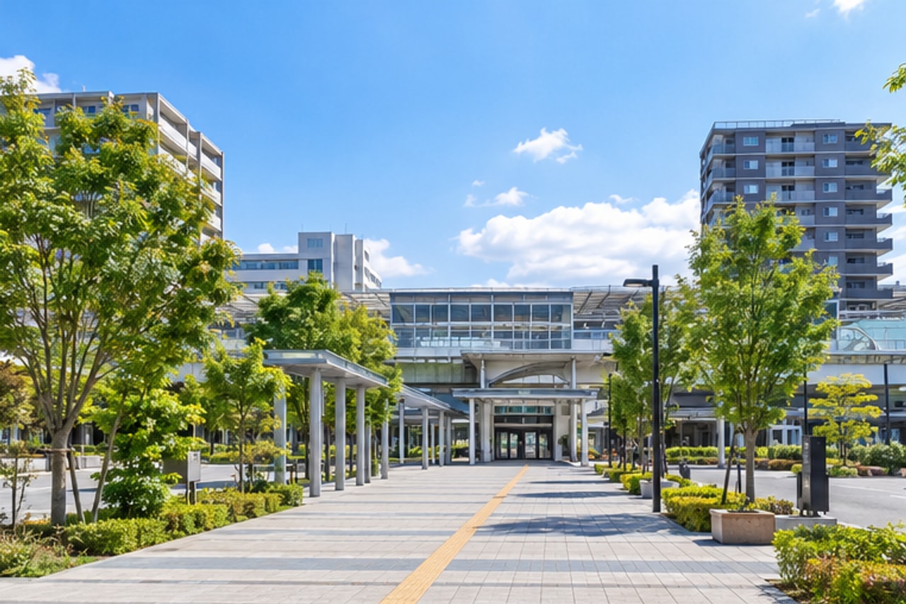 青空の下に広がる流山の駅前広場と緑のイメージ。施設の実景ではありません