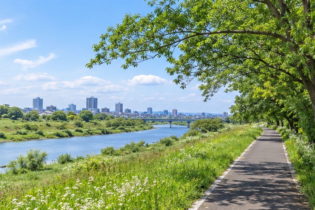 流山市を流れる川沿いの緑道のイメージ。紹介施設の所在地・通学路ではありません
