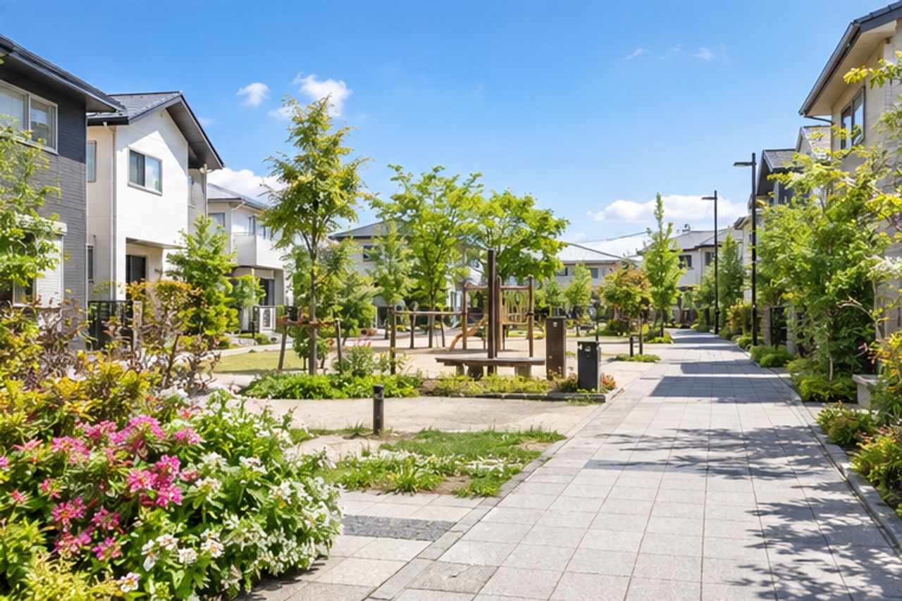 流山市の住宅街と小さな緑地のイメージ。施設や実際の通学路ではありません