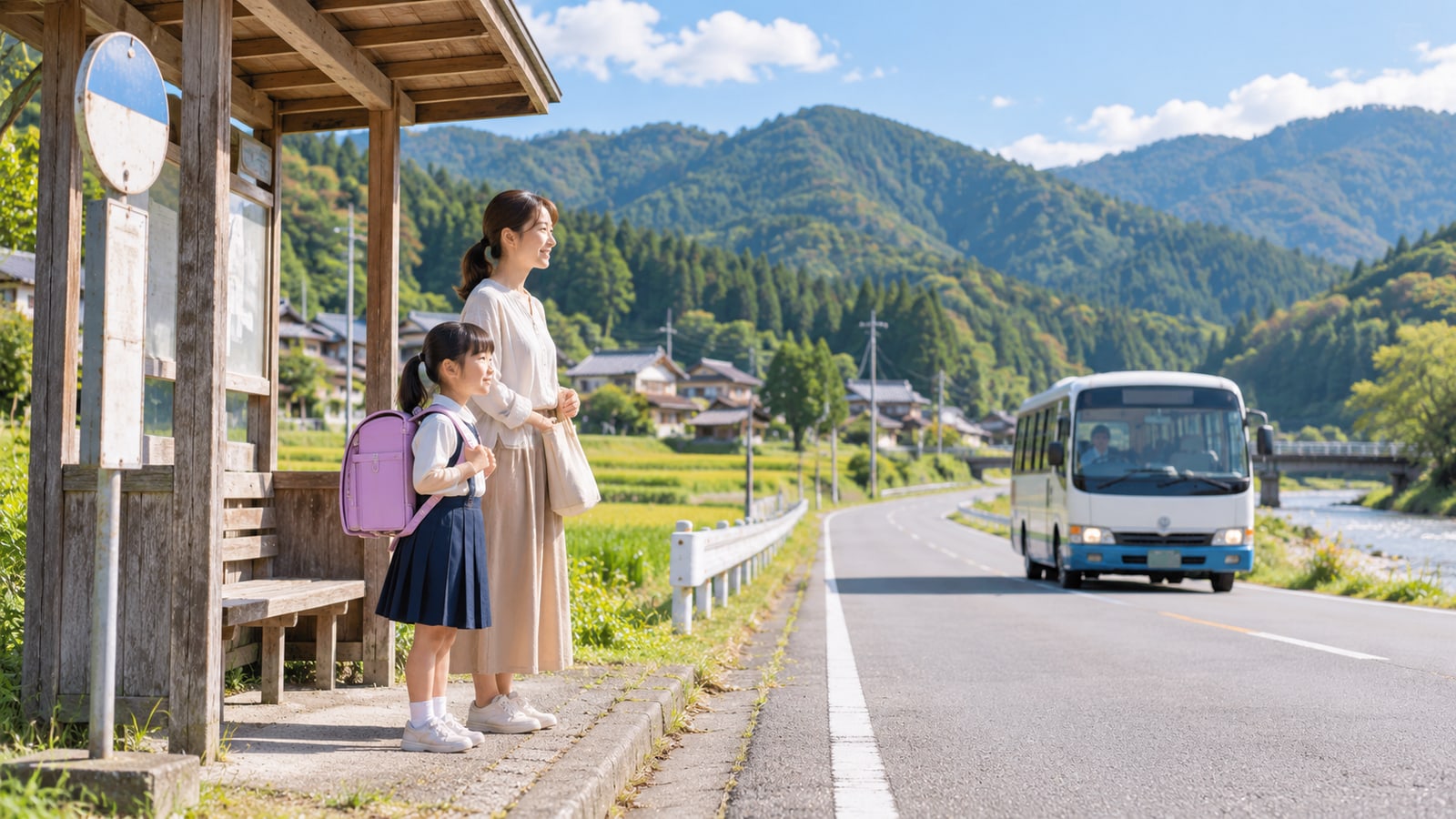 地域の活動へ公共交通で向かう親子のイメージ画像。実在の中津川市コミュニティバスの写真ではありません