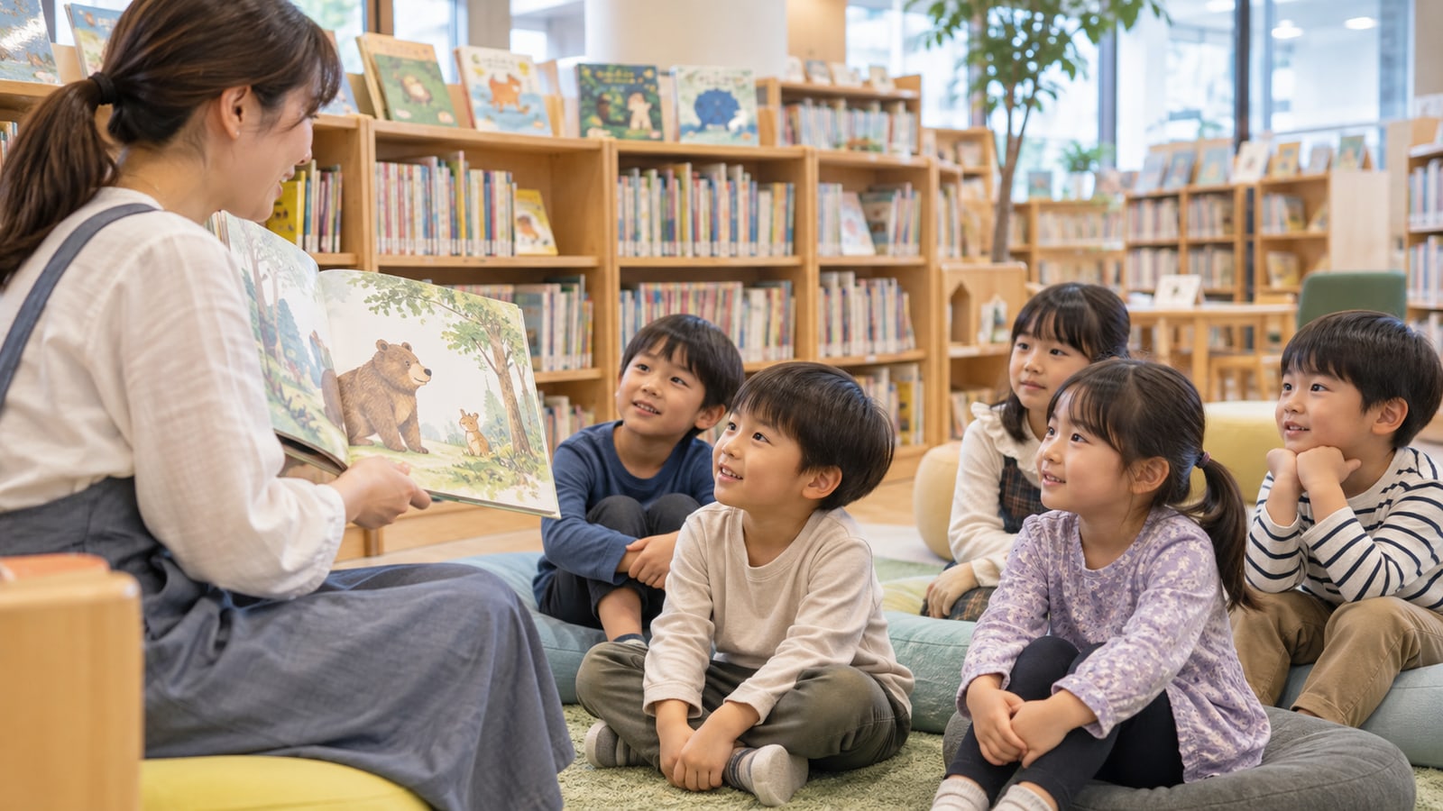 図書館での読み聞かせをイメージした生成画像。実在の中津川市立図書館の写真ではありません